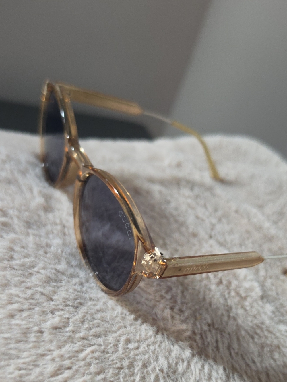 Gucci Women's Translucent Light Brown Round Sunglasses with Dark Lenses